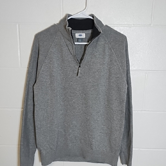 Gray 100% Cotton 1/4 Zip Up Sweater with High Collar Ribbed Cuffs & Hem - Picture 10 of 10